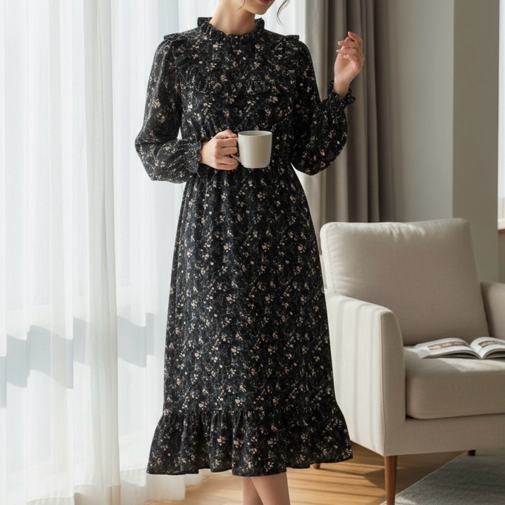 NWT Hayden Los Angeles Dress Black Floral Midi Ruffle Cottage Core Size L
